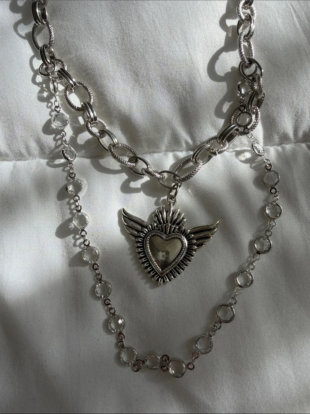 Layered Silver Winged Heart Necklace - Women Jewelry